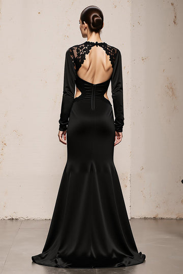 Black Mermaid Long Sleeve Cut Out Evening Dress